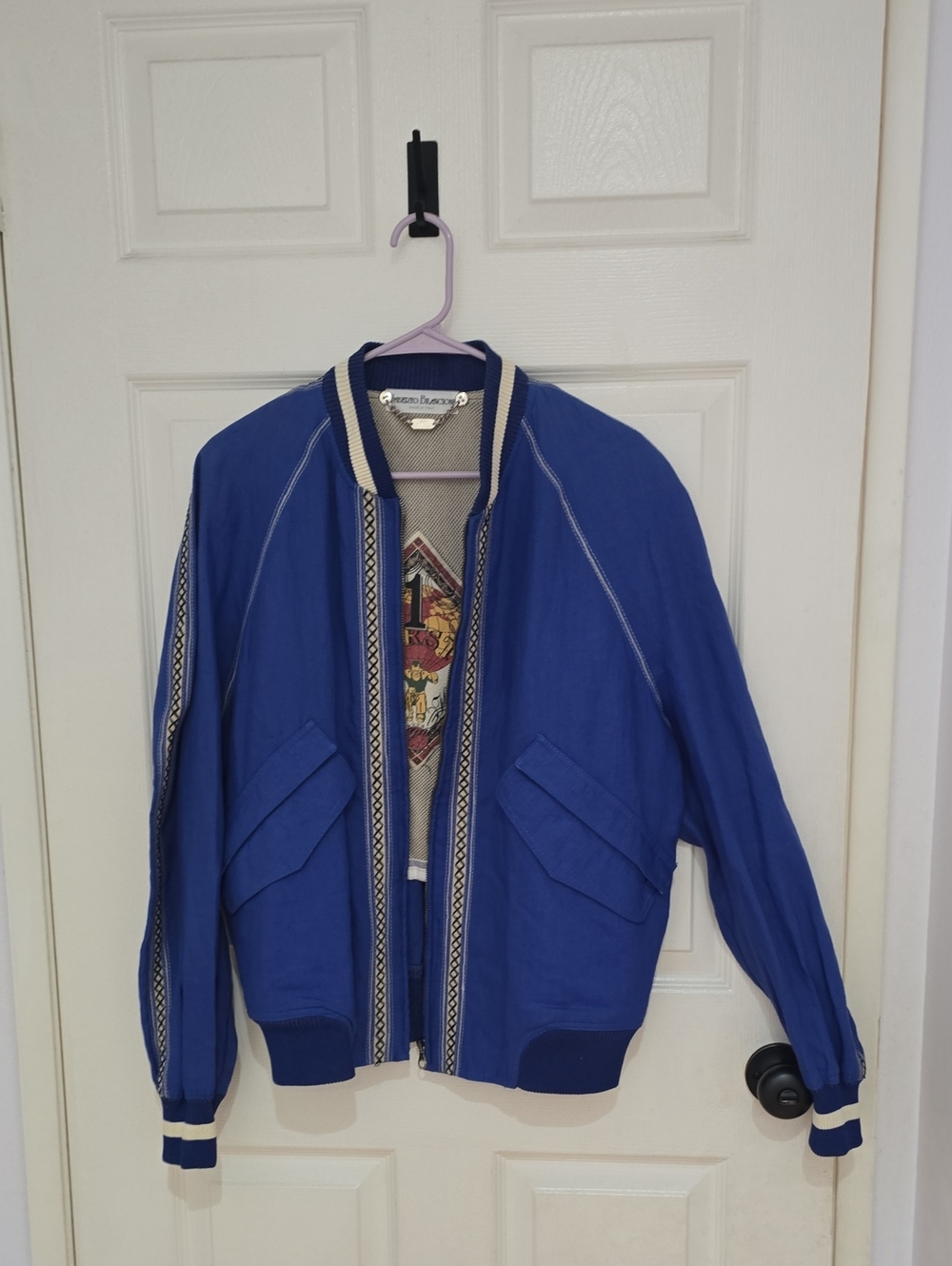 Blue Bomber Jacket with Patterned Trim by M SIZE Vintage